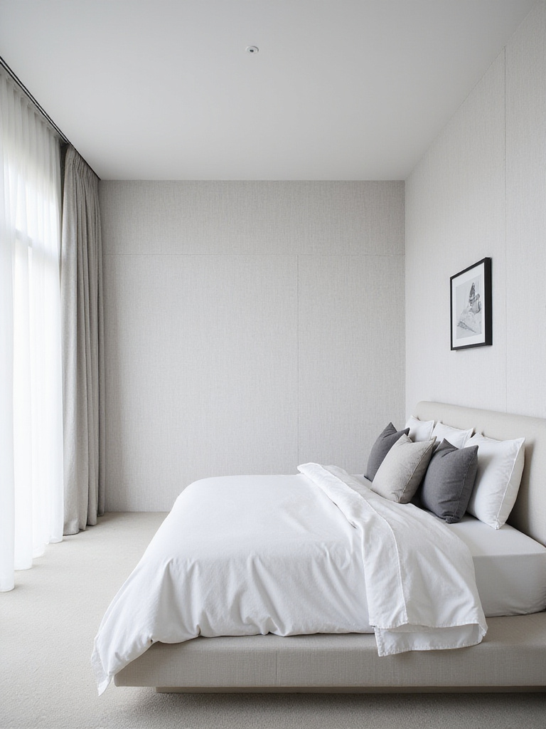Minimalist master bedroom with light grey linen textured wallpaper accent wall.