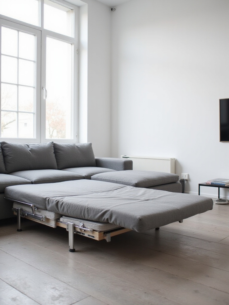 Modern living room featuring a sofa bed and lift-top coffee table