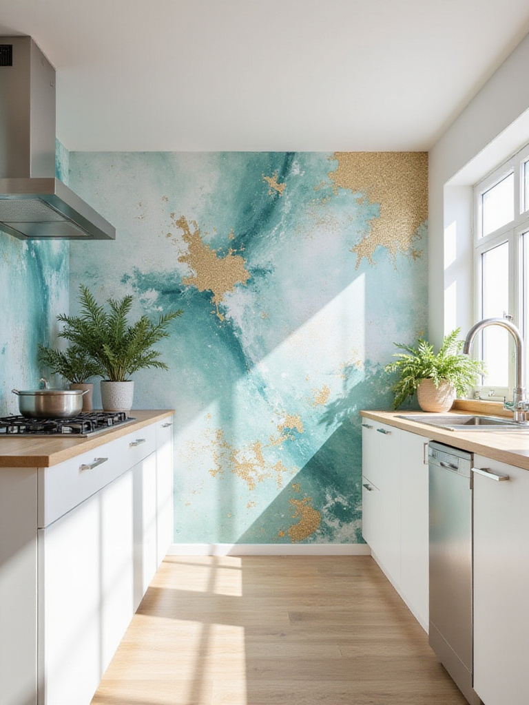 Modern kitchen with abstract mural wallpaper statement wall
