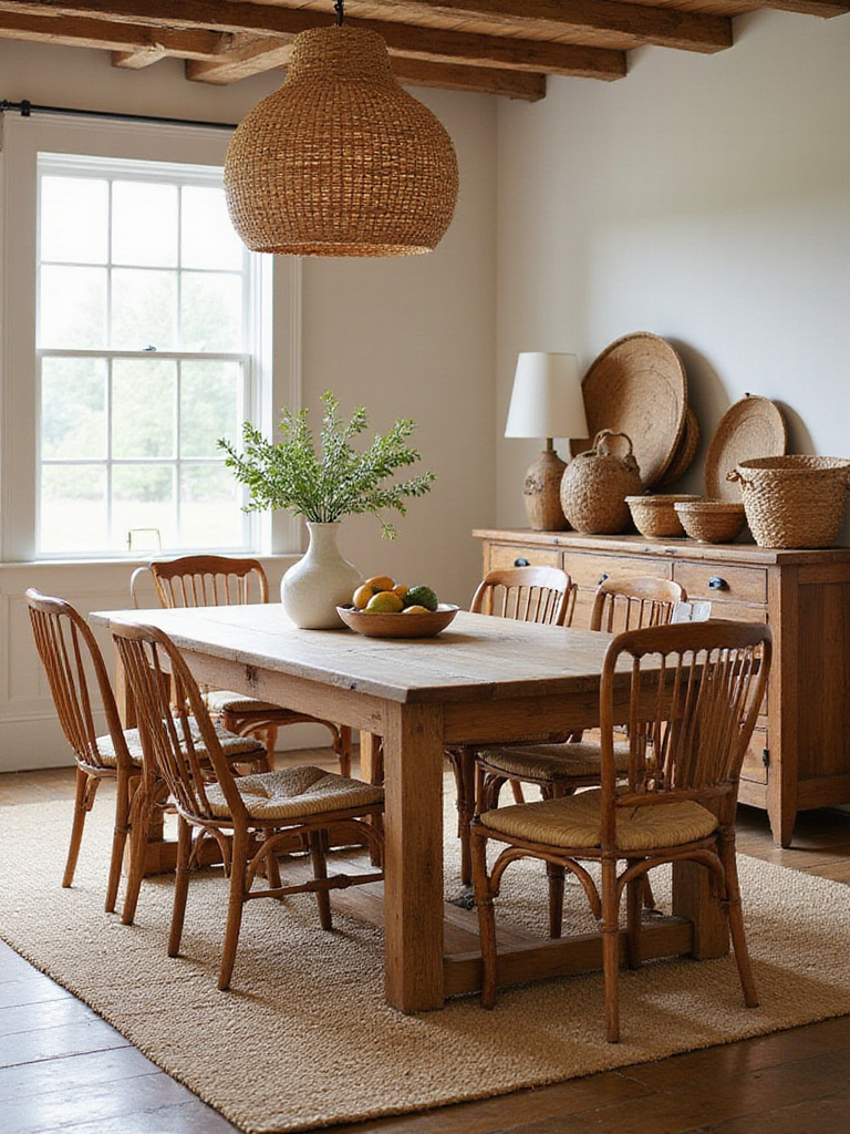 A farmhouse dining room featuring natural fiber accents. A rustic wood table sits on a textured jute rug, surrounded by chairs including some with rattan elements. A woven rattan pendant light hangs above the table, and a sideboard holds a collection of decorative woven baskets. Sunlight fills the warm, inviting space.
