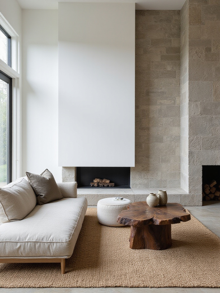 Modern living room featuring wood coffee table, stone fireplace, and linen sofa on jute rug.