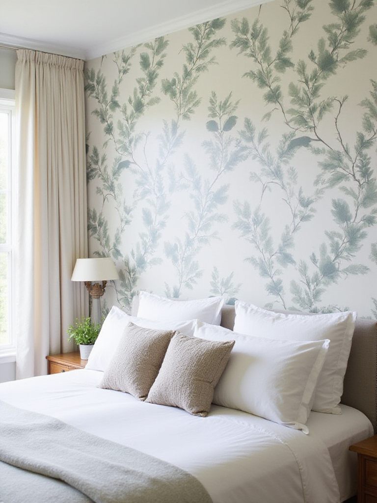 Master bedroom with nature-inspired botanical wallpaper featuring ferns and eucalyptus
