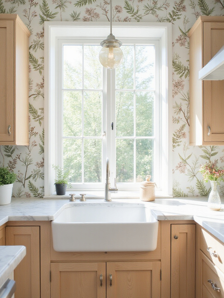 Kitchen with nature-inspired botanical wallpaper featuring ferns and wildflowers