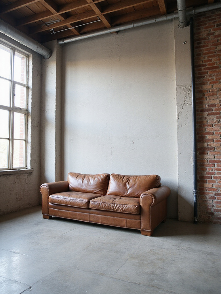 Industrial living room with neutral gray walls, exposed brick, and concrete floor.