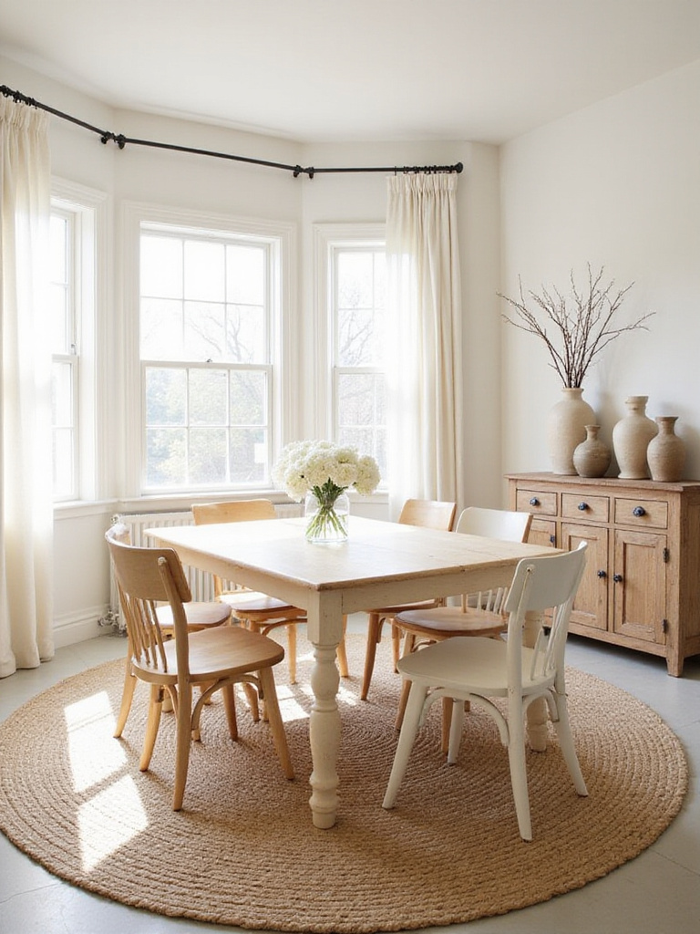A bright and serene farmhouse dining room featuring a neutral color palette with white walls, a natural wood dining table, and chairs. The room is layered with textures from a jute rug, linen curtains, and ceramic accessories, illuminated by abundant natural light.