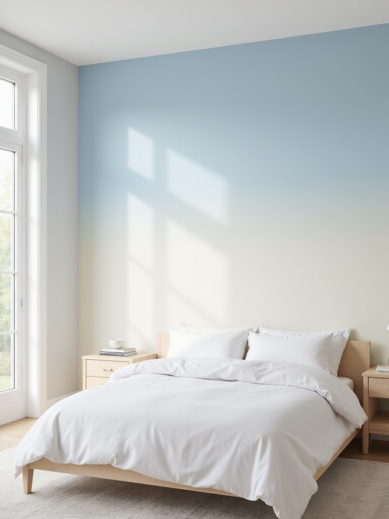 Master bedroom with calming blue and white ombre wallpaper accent wall.