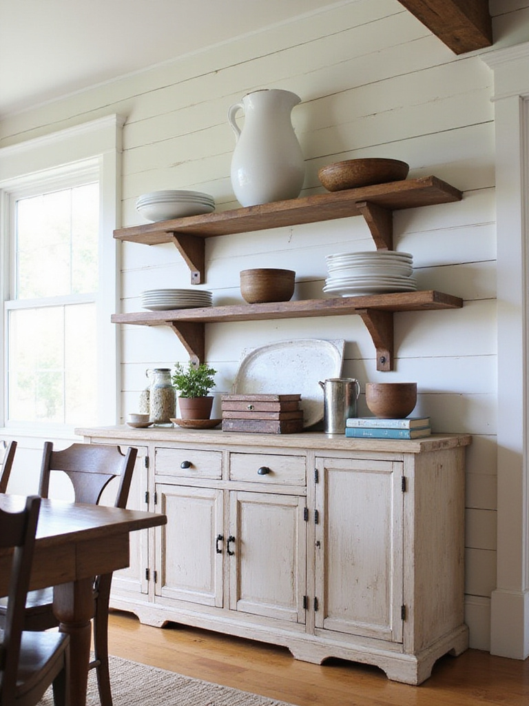 Rustic open shelving displaying farmhouse decor above a wooden buffet in a cozy farmhouse dining room.