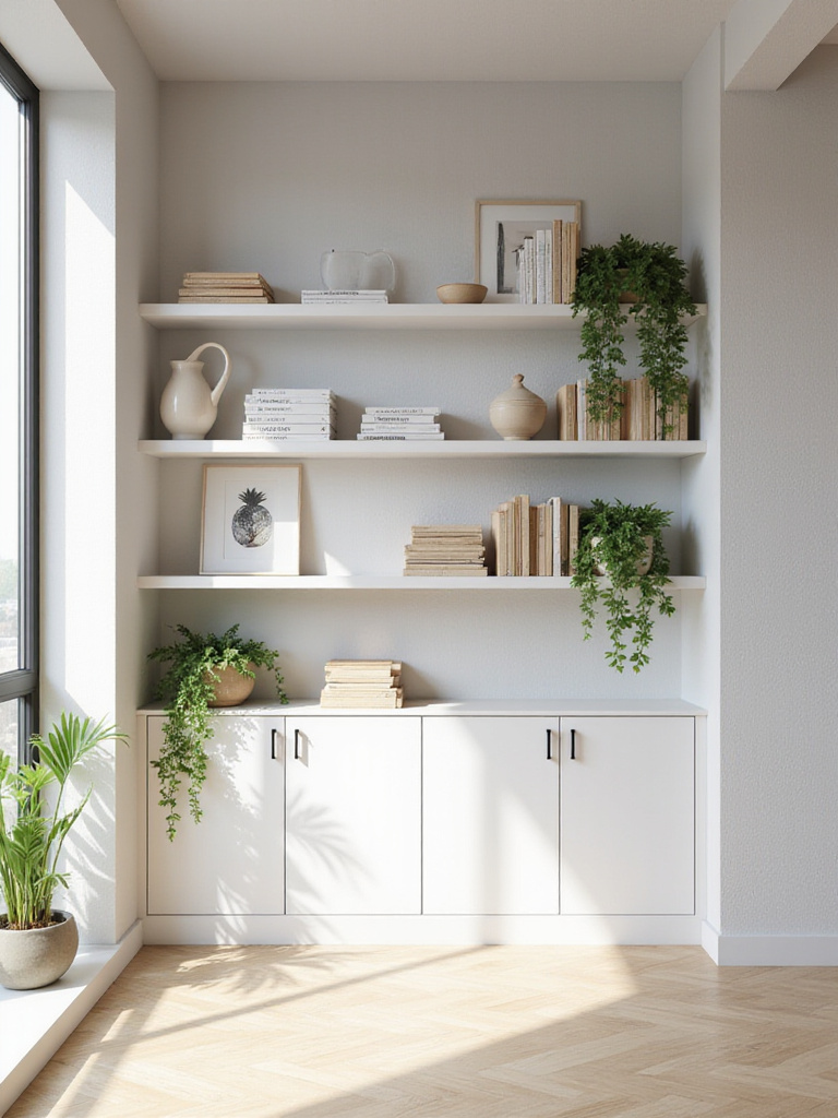 Modern living room with light gray walls and open shelving displaying books, pottery, artwork, and plants.