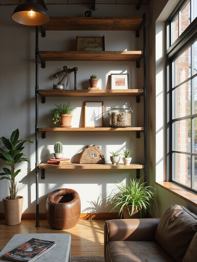 Industrial living room with open shelving made of metal pipes and reclaimed wood displaying vintage tools and books.