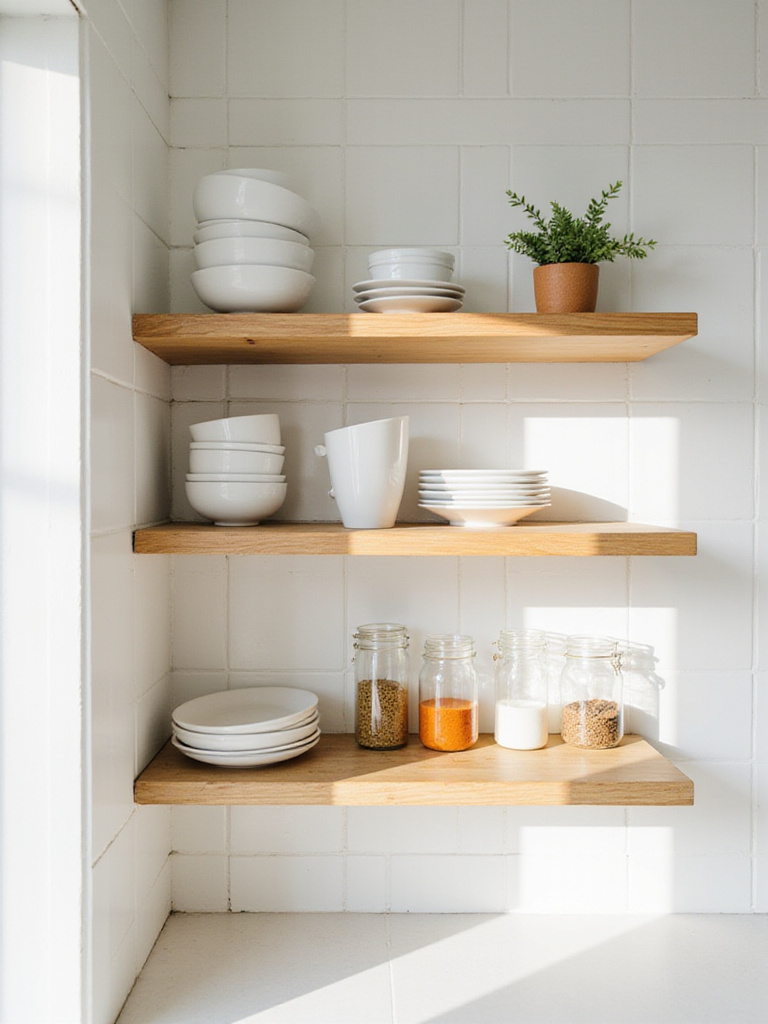 Small kitchen with open wooden shelving displaying dishes, spices, and herbs.