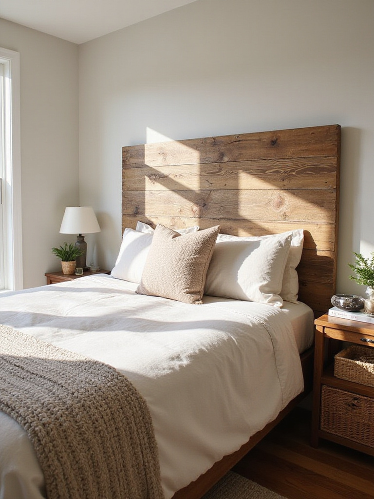 Farmhouse bedroom with reclaimed wood headboard and neutral bedding.
