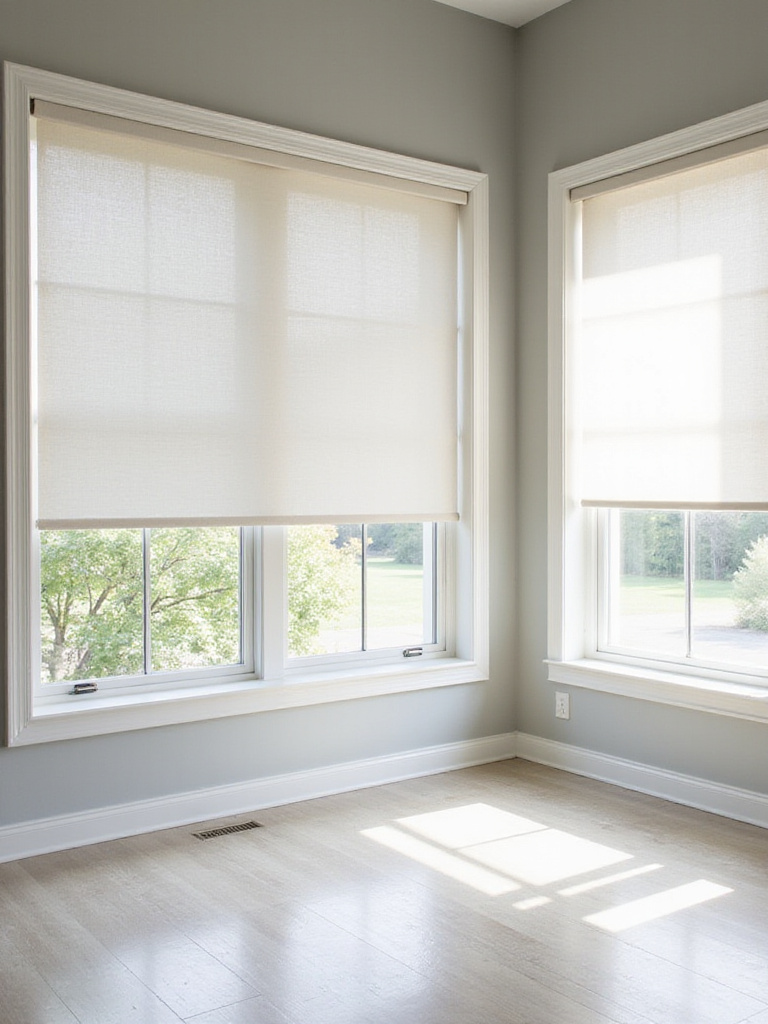Minimalist living room with linen roller shades allowing natural light