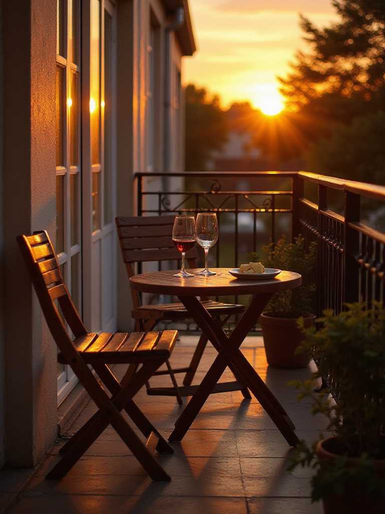 Small apartment balcony featuring space-saving foldable bistro table and chairs.