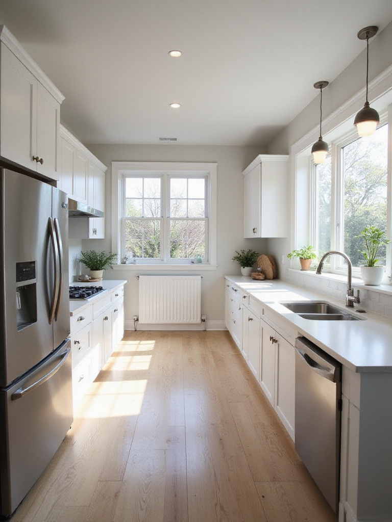 Modern kitchen layout showcasing optimized workflow with clear zones, central island, and spacious pathways.