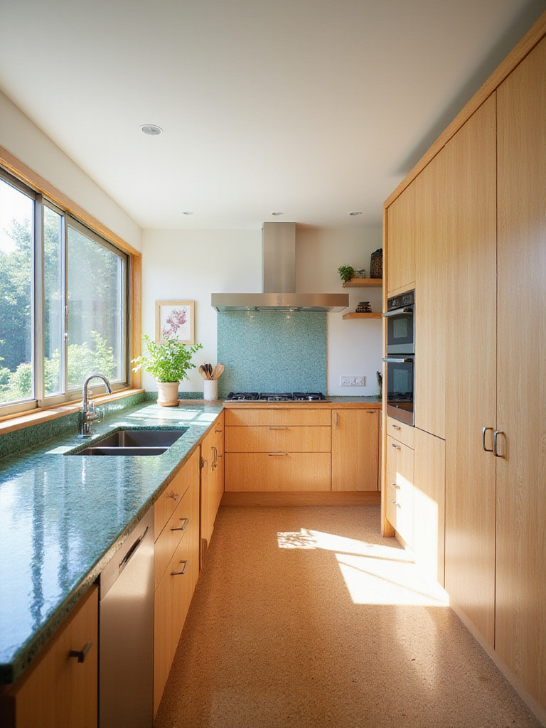 A modern kitchen design showcasing eco-friendly materials, including bamboo cabinets, recycled glass countertops, and cork flooring under soft natural light.