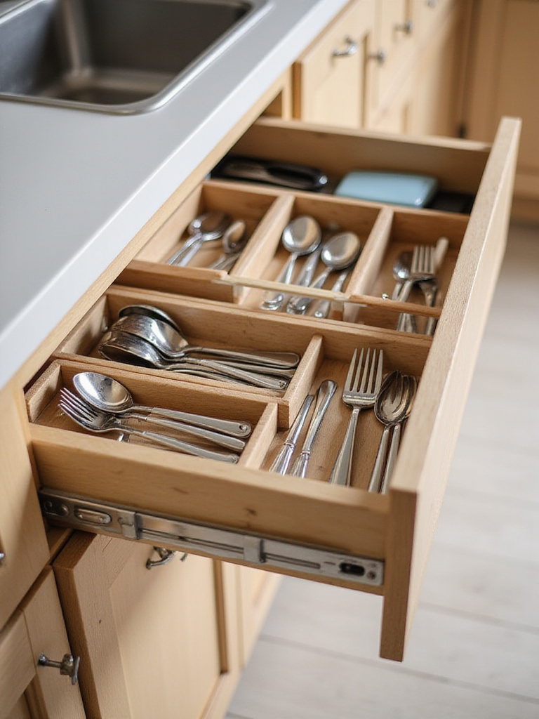 Well-organized kitchen drawer with wood dividers and organizers for utensils.