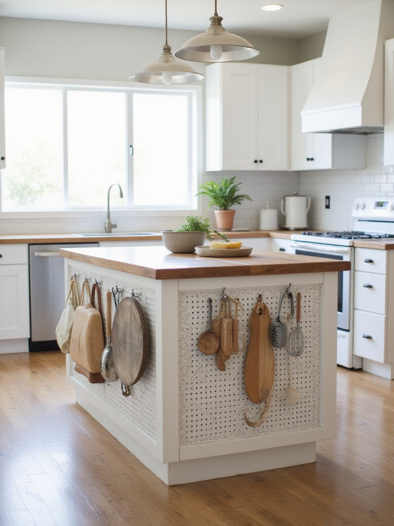 Kitchen island with pegboard sides organized with hanging kitchen tools like spatulas, whisks, and cutting boards, showcasing budget-friendly storage.