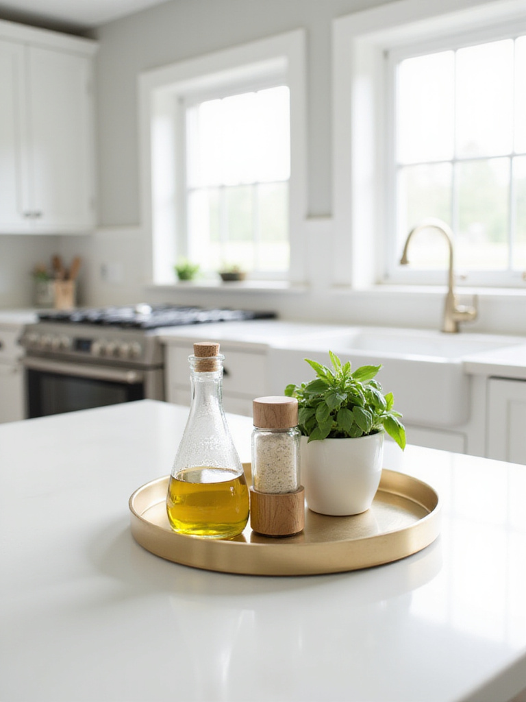 Kitchen countertop with gold tray holding olive oil, salt and pepper, and basil plant.