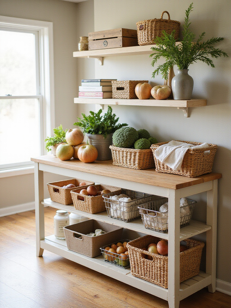 Kitchen island with open shelving displaying organized storage using woven baskets, wooden crates, and wire bins filled with produce, towels, and cookbooks. An affordable kitchen organization idea.