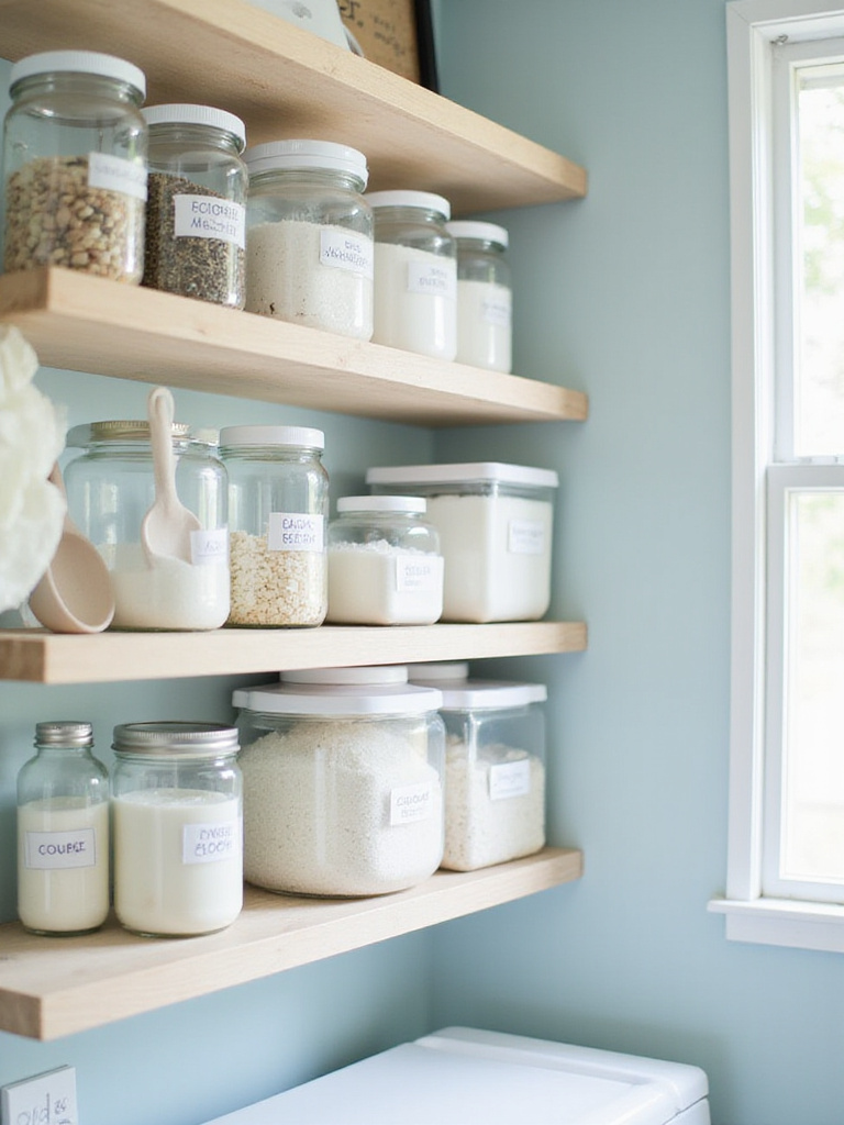 Laundry room shelf with detergent, stain remover, and dryer sheets in labeled jars and containers.