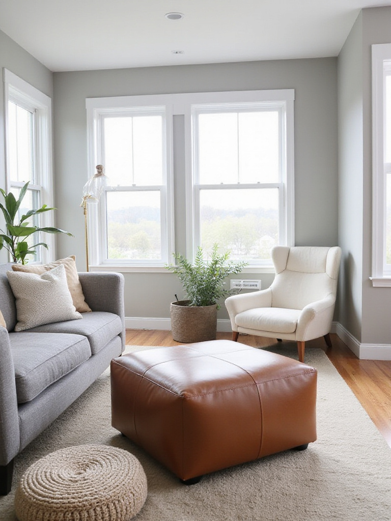 Modern living room with leather ottoman, knitted pouf, and neutral decor