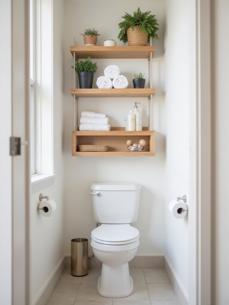 Small bathroom with light wood shelving unit above the toilet, storing towels and toiletries