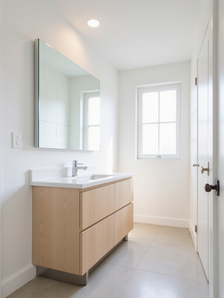 Small bathroom with a large frameless mirror above a light wood vanity, reflecting natural light and creating a sense of spaciousness.