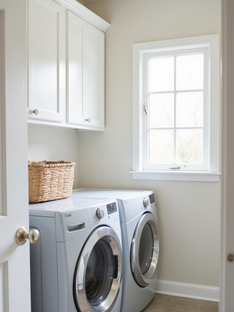 Bright and airy laundry room with white walls and light gray appliances.