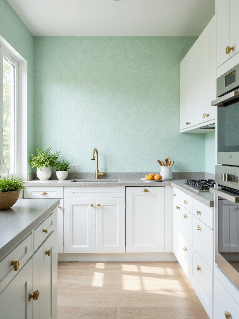 Pastel mint green wallpaper in a modern kitchen with white cabinets and stainless steel appliances