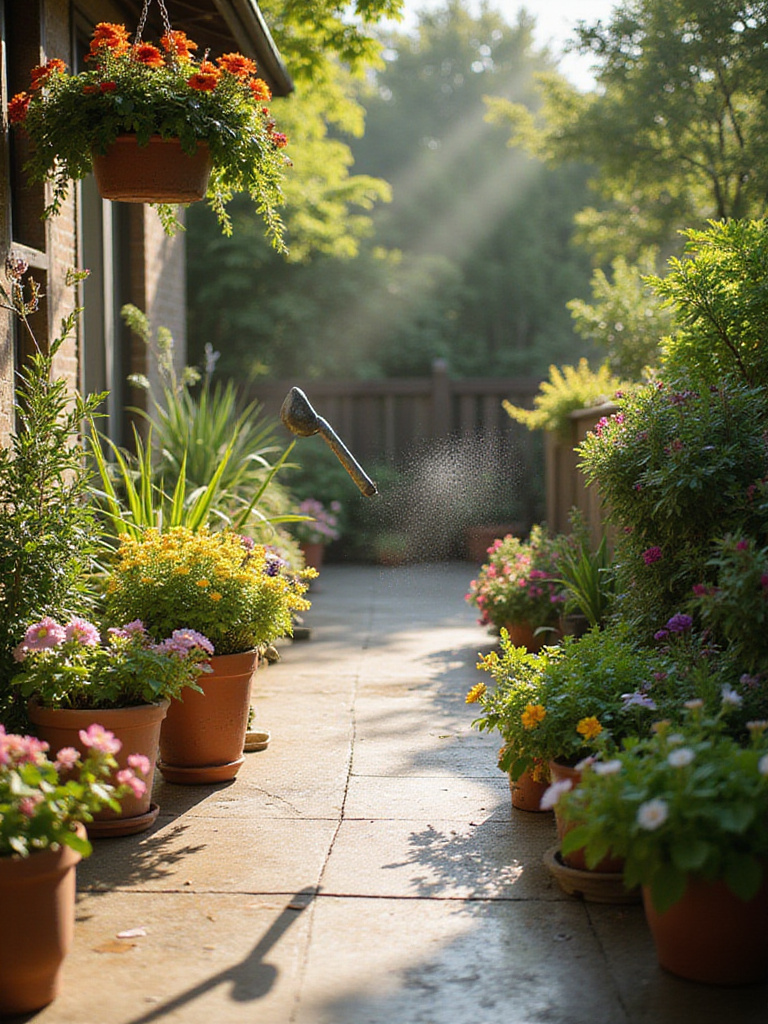 Watering patio plants for healthy growth in a sunny outdoor oasis