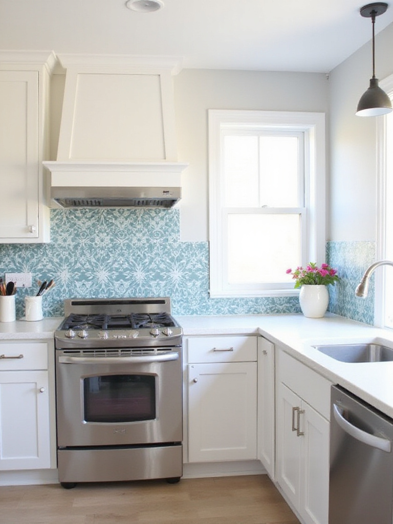 Kitchen backsplash featuring blue and white geometric peel and stick wallpaper