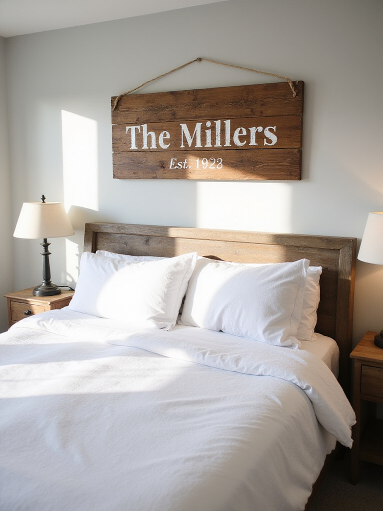 Farmhouse bedroom with a wooden sign above the bed personalized with the family name and established date.
