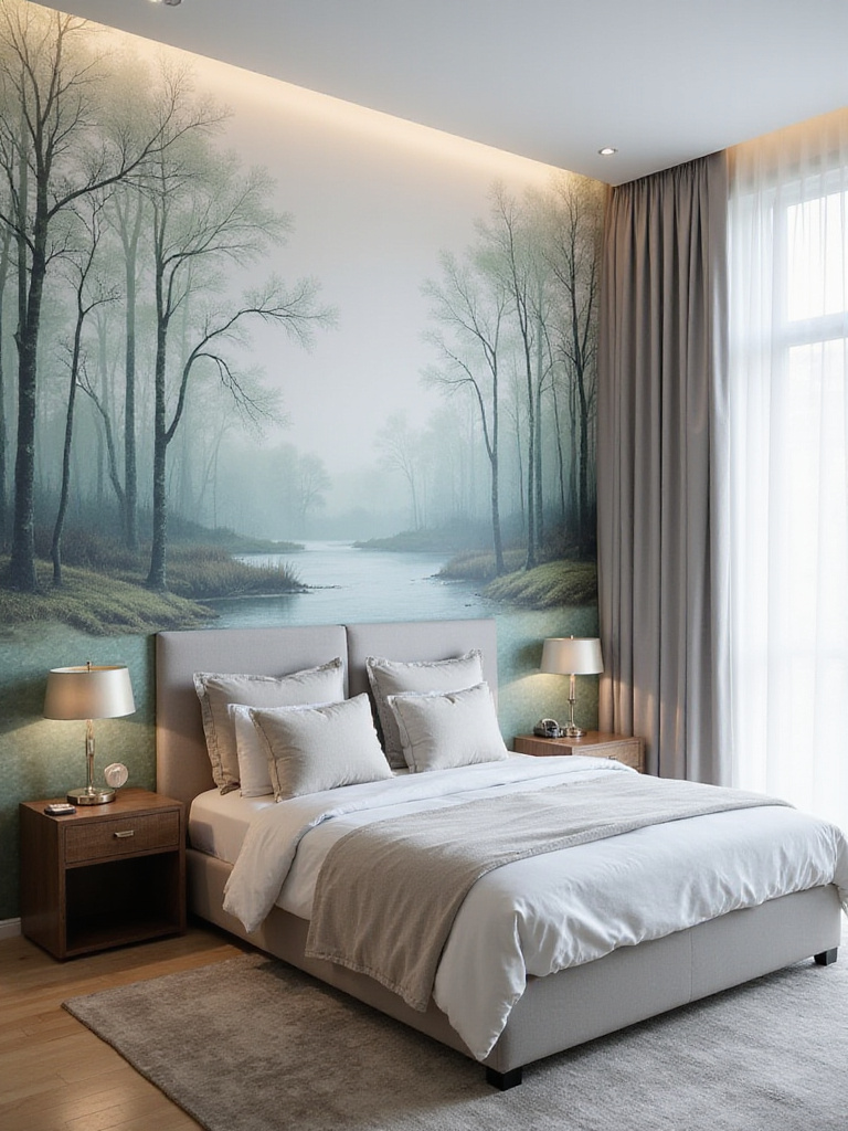 Luxurious master bedroom with a custom watercolor forest mural wallpaper behind the bed.
