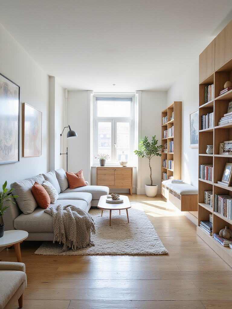 Modern living room with personalized touches, featuring a gallery wall, curated bookshelf, and textured throws.
