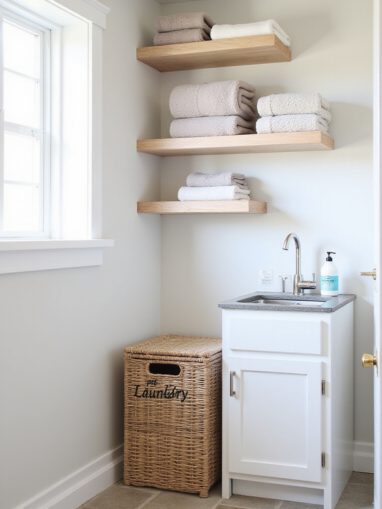 Pet-friendly laundry room corner with hamper, shelves, and utility sink for washing pet items.