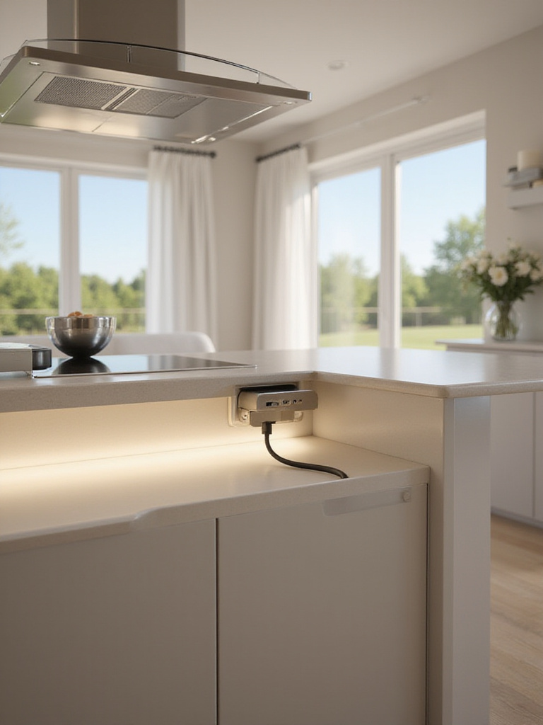 Modern kitchen counter with a strategically placed pop-up power outlet on the island and integrated USB charging port visible.
