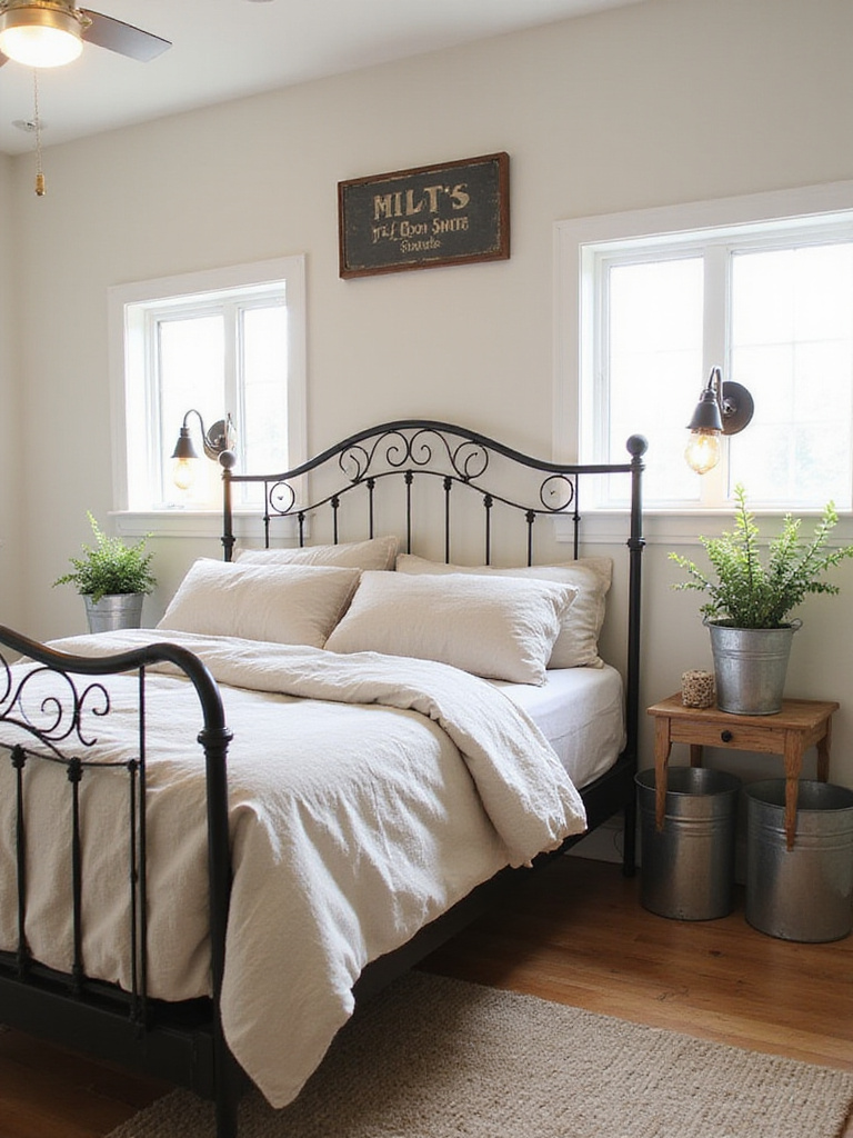 Farmhouse bedroom with wrought iron bed frame, galvanized steel side tables, and industrial sconces.