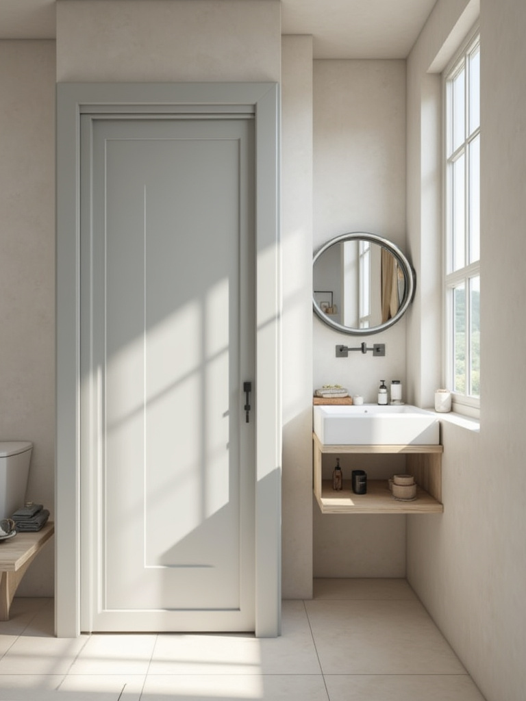 Small bathroom with light gray pocket door showing space-saving design.