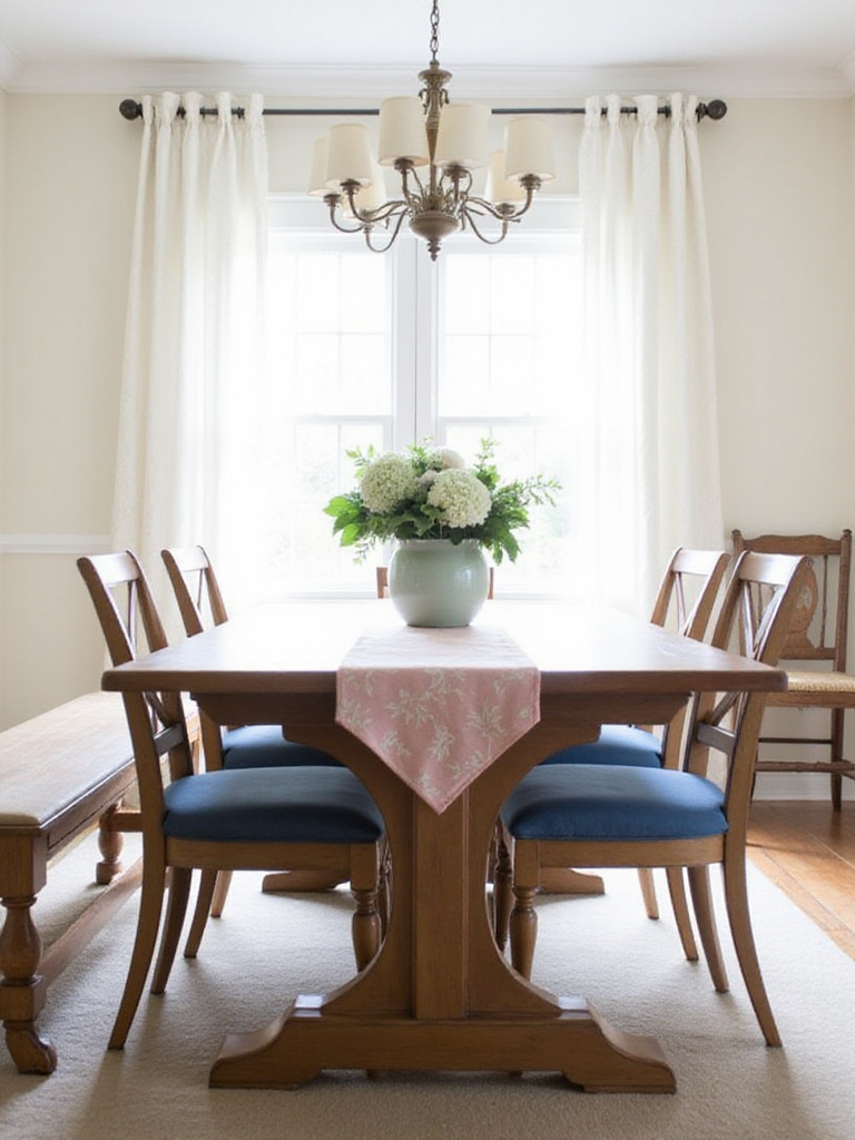 A farmhouse dining room with a wooden table and chairs, featuring subtle pops of soft color like blue cushions and a green floral arrangement.