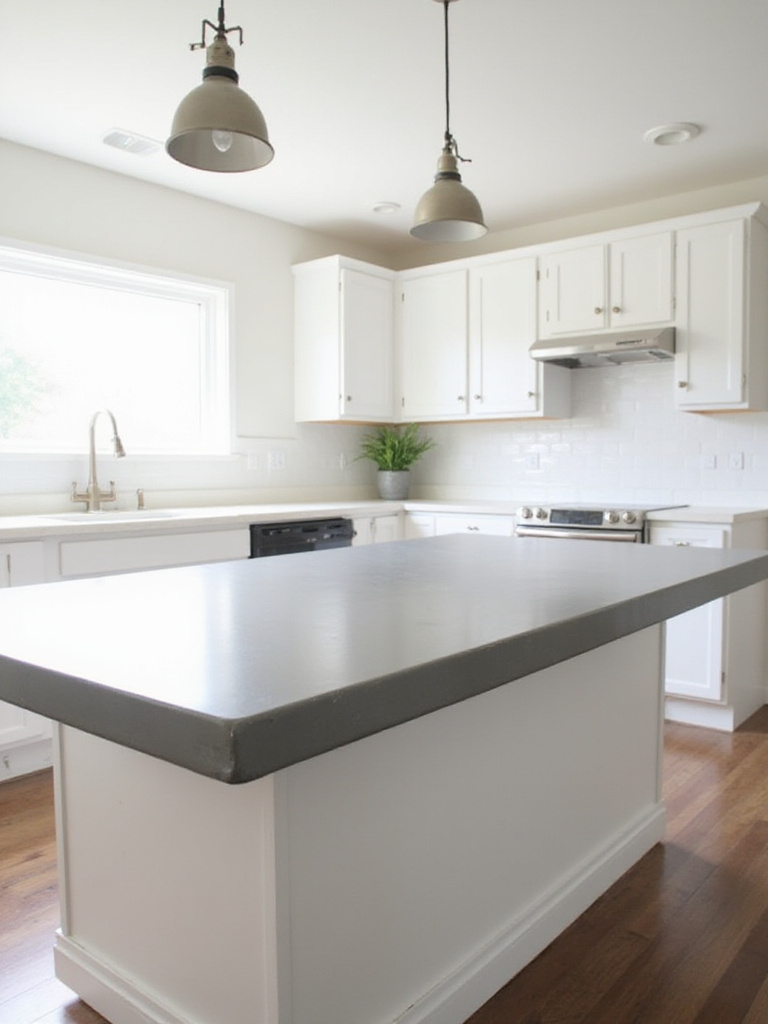 DIY concrete countertop on a simple kitchen island in a bright, budget kitchen.