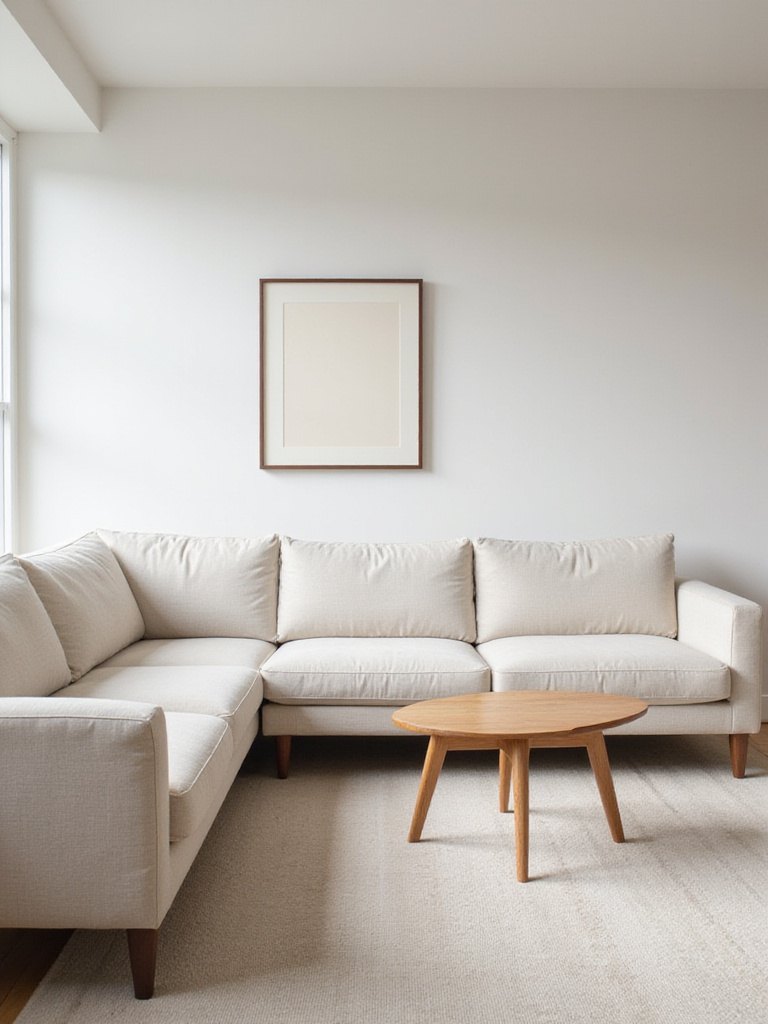 Minimalist living room featuring a high-quality mid-century modern sofa and solid wood coffee table.