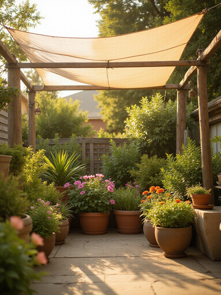 Patio plants protected from sun, wind, and pests with shade cloth, windbreak, and proper grouping.