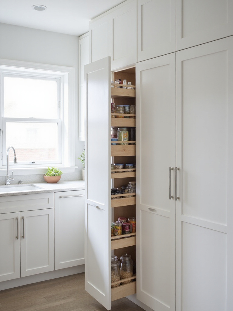 White pull-out pantry in a small, modern kitchen, showcasing organized storage.