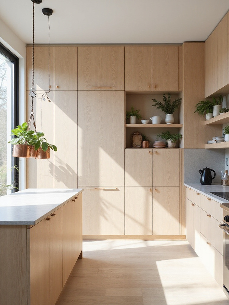 Small kitchen with floor-to-ceiling cabinets and hanging pot rack for vertical storage.