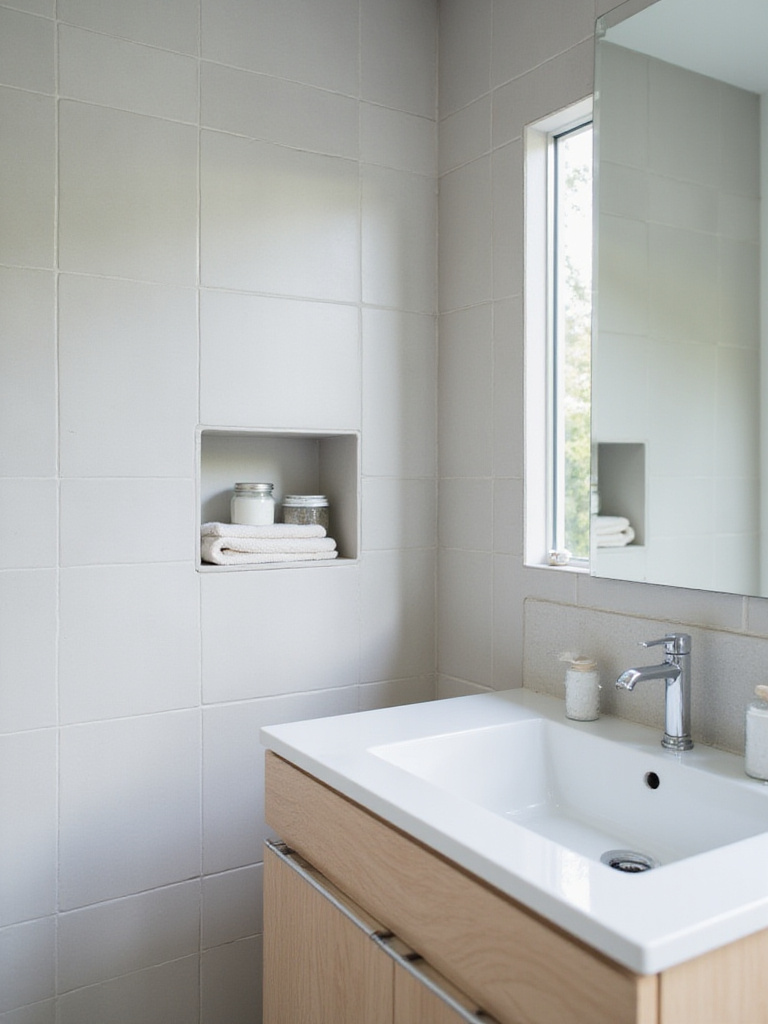 Small bathroom with recessed shelves built into the wall for seamless storage.