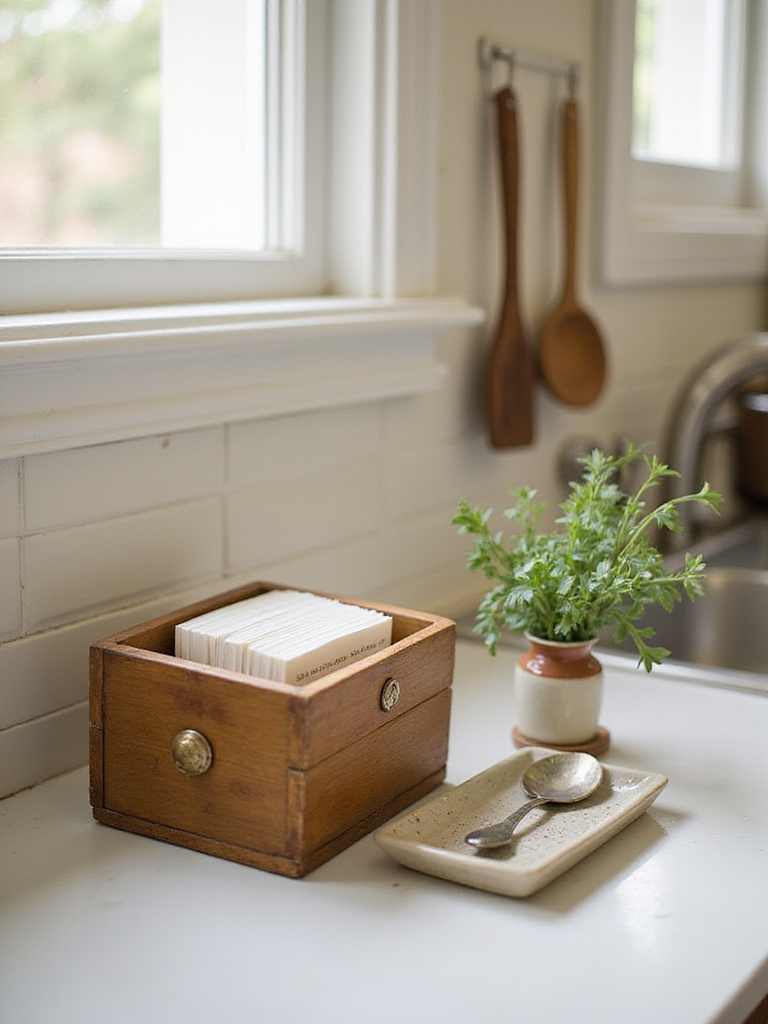 Charming wooden recipe box on a kitchen countertop with recipe cards, spoon rest, and fresh herbs.