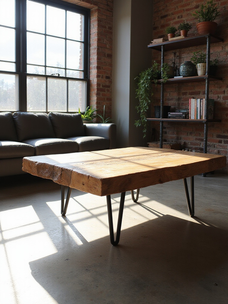 Industrial living room featuring reclaimed wood coffee table and metal shelving