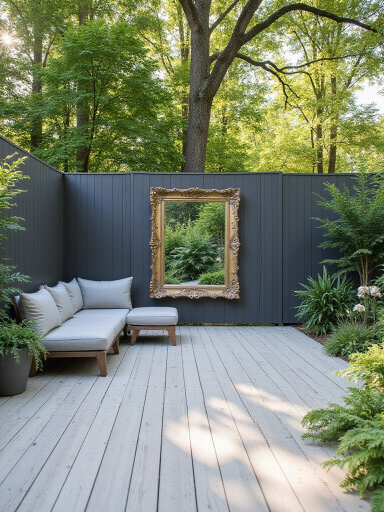 Outdoor deck decor with large mirror reflecting garden.