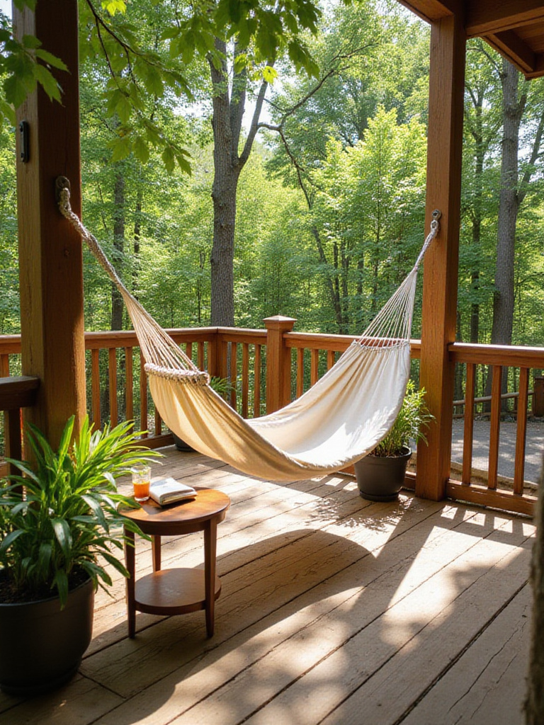 Comfortable hammock on a wooden deck surrounded by plants