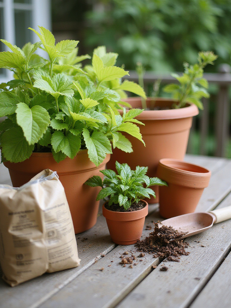 Repotting patio plants on a sunny patio table with terracotta pots and gardening tools.